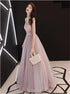A Line Dusty Pink V Neck Sequins Tulle Prom Dress LBQ1622